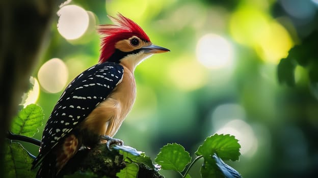 A vibrant cardinal woodpecker with its distinctive red crest perched on tree branch amongst green foliage, looking away in lush forest environment