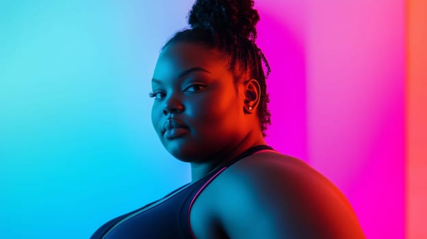 Portrait of beautiful overweight fitness young woman in sportswear on studio background. Sport and body positivity, weight loss, body and health care
