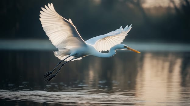 A stunning white egret soars above a peaceful lake, its wings spread wide in the golden evening light