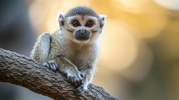 A small monkey with big eyes sits on a tree branch in forest, curiously observing the surroundings
