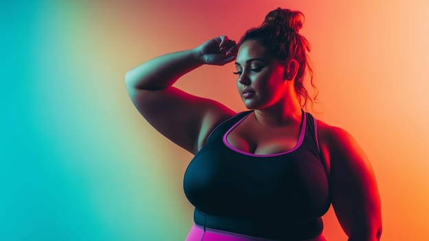 Portrait of beautiful overweight fitness young woman in sportswear on studio background. Sport and body positivity, weight loss, body and health care