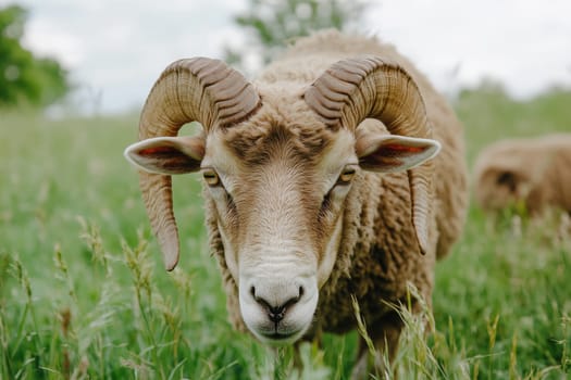 Close-up ram grazes with large, curved horns on a green pasture