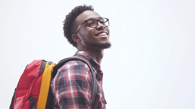 Portrait of happy modern young black American man with glasses smiles on white background, African male student with backpack standing, studio shot