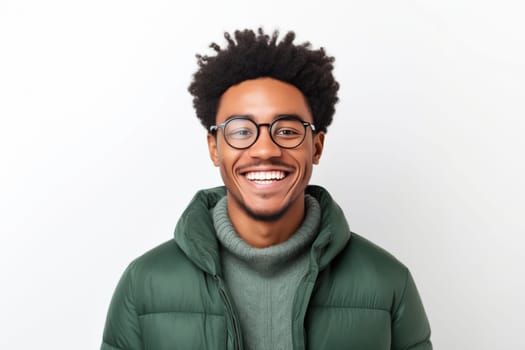 Portrait of happy modern young black American man with glasses smiles on white background, African male student looking at camera, studio shot