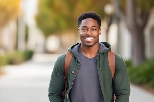 Portrait of happy modern young black American man smiling outdoors, African male student with backpack standing in the park