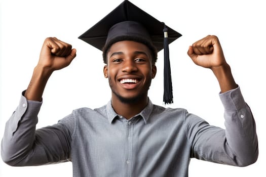 Portrait of happy young black American man smiling in graduation attire on white background, African male student, studio shot