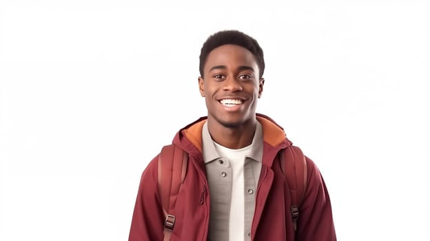Portrait of happy modern young black American man smiling on white background, African male student with backpack looking at camera, studio shot