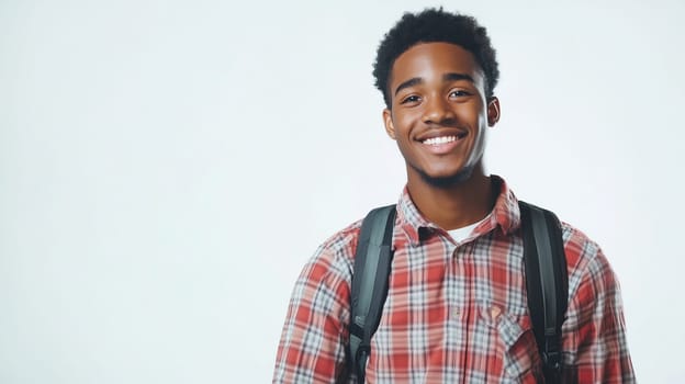Portrait of happy modern young black American man smiling on white background, African male student with backpack standing, studio shot