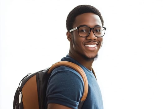 Portrait of happy modern young black American man with glasses smiles on white background, African male student with backpack looking at camera, studio shot