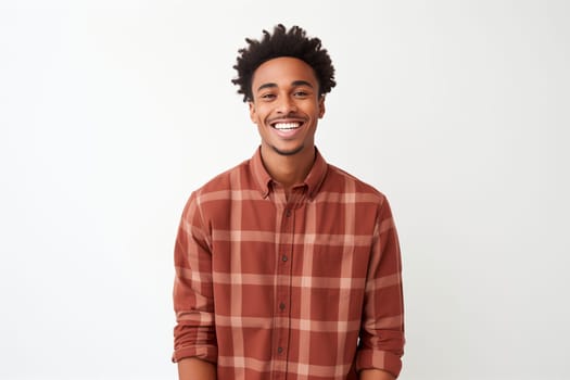Portrait of happy modern young black American man smiles isolated on white background, African male student looking at camera, studio shot