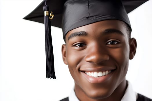Portrait of happy young black American man smiling in graduation attire on white background, African male student, studio shot