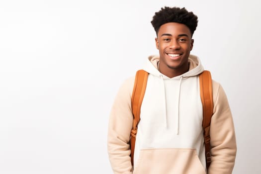 Portrait of happy modern young black American man smiling on white background, African male student with backpack looking at camera, studio shot