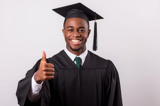 Portrait of happy young black American man smiling in graduation attire and gives a thumbs up on white background, African male student, studio shot