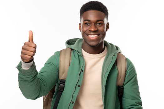 Portrait of happy modern young black American man smiling and gives a thumbs up on white background, African male student with backpack standing, studio shot