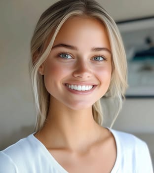 Close-up portrait of beautiful happy young woman with toothy joyful smile, blonde hair, clean natural skin, looking at camera, standing at home