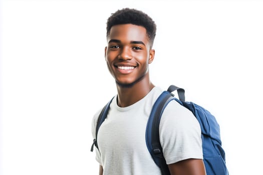 Portrait of happy modern young black American man smiling on white background, African male student with backpack looking at camera, studio shot