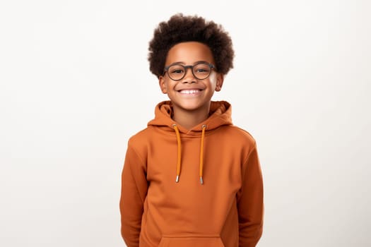 Portrait of happy modern young black American kid boy with glasses smiles isolated on white background, African male student looking at camera, studio shot