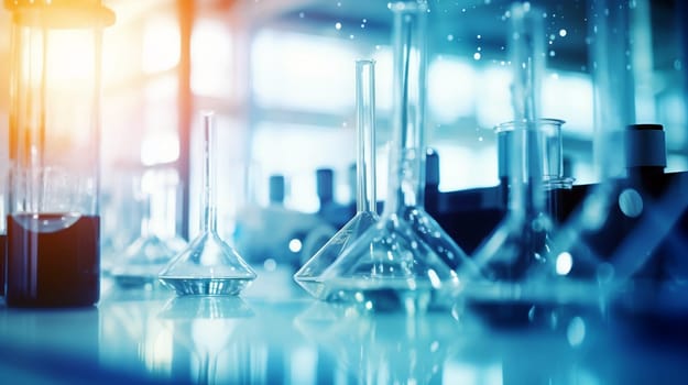 Various laboratory glassware is arranged on a table, illuminated by sunlight filtering through a window, showcasing a scientific setting for experimentation. Generative AI.