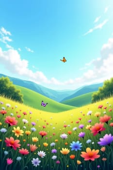 In a vibrant valley, wildflowers of diverse colors carpet the ground while butterflies flutter gracefully under a clear blue sky. Generative AI.
