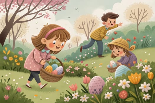 Three children happily search for hidden Easter eggs in a vibrant garden filled with flowers. The sun shines brightly on this joyful spring day. Generative AI.