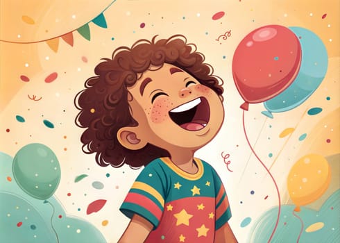 A young child with curly hair is laughing joyfully while holding a red balloon at a lively outdoor celebration filled with colorful decorations. Generative AI.