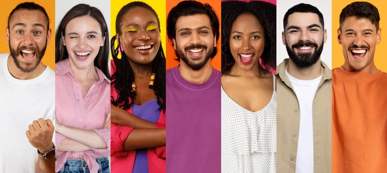 A lively collage showcases a group of cheerful, multiracial individuals expressing happiness. Each person is dressed in vibrant colors, reflecting a positive lifestyle and diverse backgrounds.