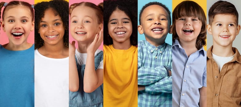 Seven happy children of different backgrounds smile brightly in a vibrant collage. Their expressions radiate joy, representing the beauty of friendship and diversity in a playful setting.