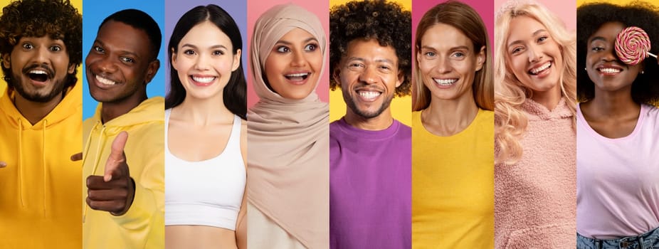 Seven individuals express happiness and positivity, showcasing diversity in a colorful setting. Each person, dressed in bright outfits, shares joy and warmth in their unique style.