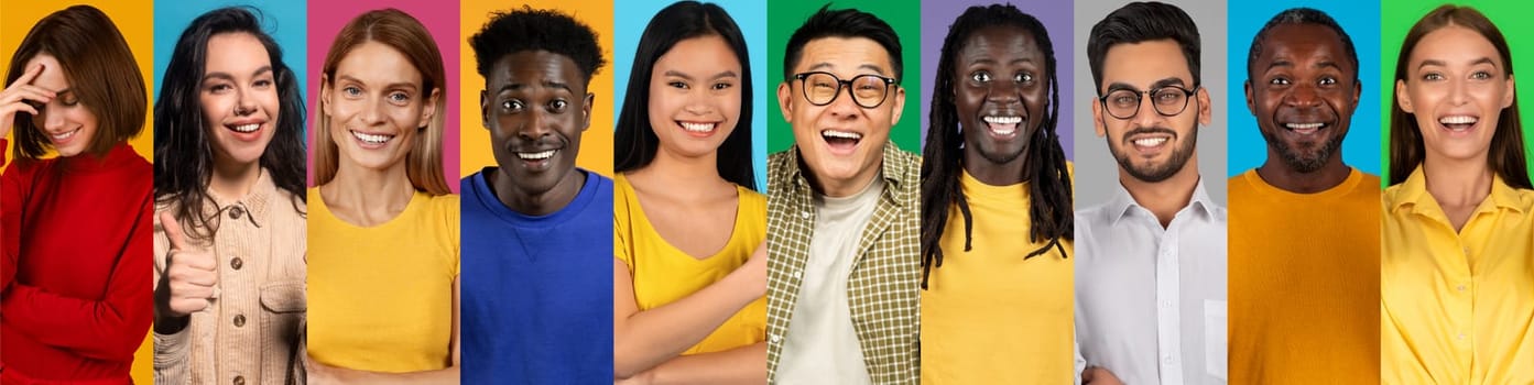 A joyful collection of multiracial individuals expresses fun and positivity against a vibrant backdrop. They share smiles and laughter, showcasing their diverse backgrounds and experiences.