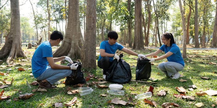 Volunteers gather around, compiling waste into bags while sharing conversation, displaying collaboration and environmental responsibility.