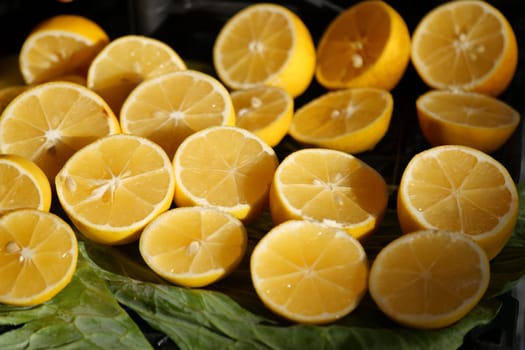 Bright yellow lemon halves placed neatly on vibrant green leaves.