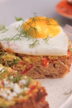 A vibrant open-faced sandwich with a fried egg and fresh herbs.