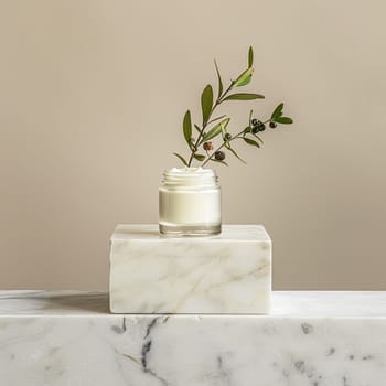 Cosmetic cream in a glass jar. Skin care concept. Background for beauty products