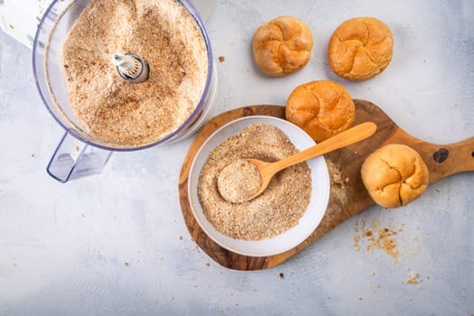Making homemade panko and breadcrumbs from leftover bread and buns, zero waste concept