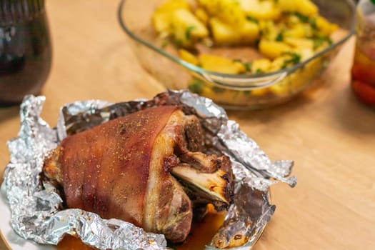Close up shot of the roasted pork knuckle