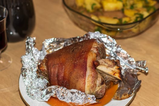 Close up shot of the roasted pork knuckle