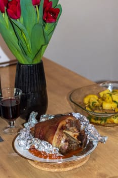 Close up shot of the roasted pork knuckle