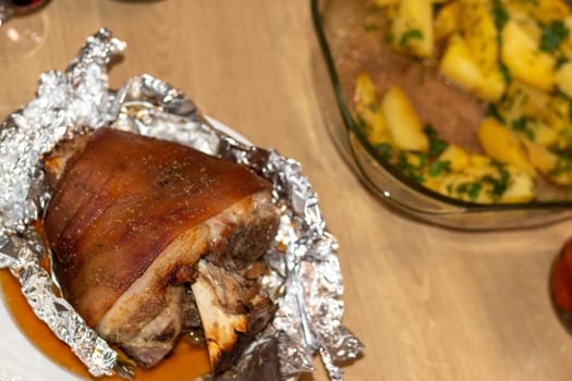 Close up shot of the roasted pork knuckle
