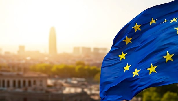 European Union flag waving with sunset modern city background. Cloth fabric texture ensign background. Use it for national day and country occasions concept. AI generated. Copy space