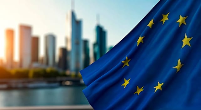 Closeup of waving Europe flag, modern European city on out of focus background.. Cloth fabric texture ensign background. Use it for national day and country occasions concept. AI generated. Copy space