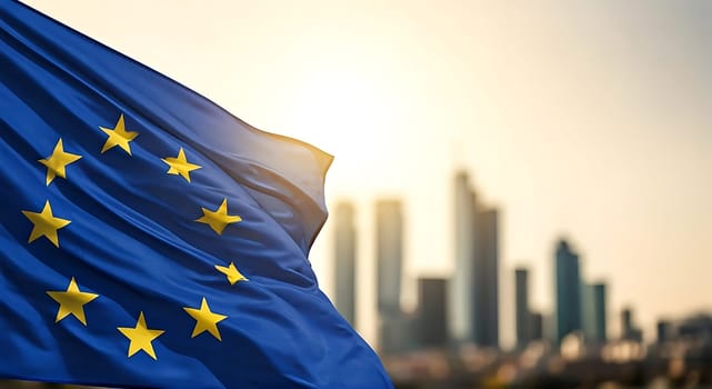 Closeup of waving Europe flag, modern European city on out of focus background.. Cloth fabric texture ensign background. Use it for national day and country occasions concept. AI generated. Copy space