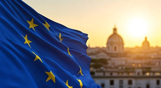 Closeup of waving Europe flag, European city on out of focus background.Cloth fabric texture ensign background. Use it for national day and country occasions concept. AI generated. Copy space