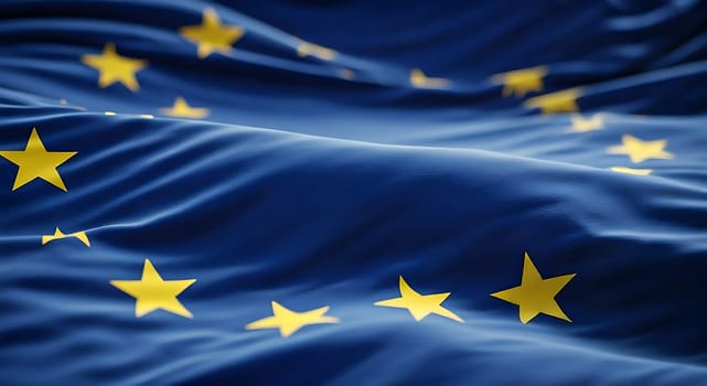 Close up of Europe banner blowing, soft and smooth silk. Cloth fabric texture ensign background. Use it for national day and country occasions concept. AI generated. Copy space