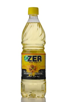 Gaziveren Cyprus -12.03.2025 Sunflower oil ZER in a clear bottle showcases vibrant label design, ready to enhance meals with its golden hue.