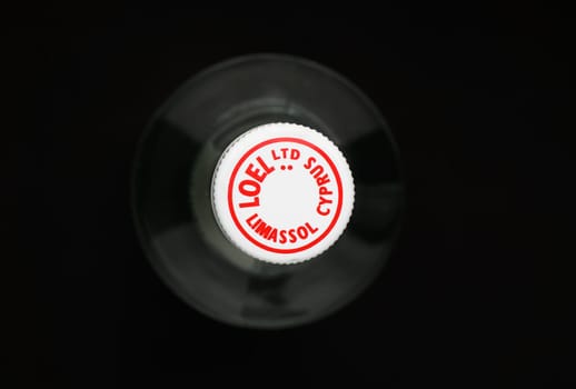 Gaziveren Cyprus -12.03.2025 A close-up view of a glass bottle vodka Loel Zivana from Limassol, Cyprus, featuring an eye-catching label and a sense of nostalgia.