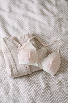 Lace sexy female underwear, flat lay top view copy space. Fashion Concept. Women's bra, panties, erotic clothes. Lingerie advertising