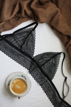 Lace sexy female underwear, flat lay top view copy space. Fashion Concept. Women's bra, panties, erotic clothes. Lingerie advertising