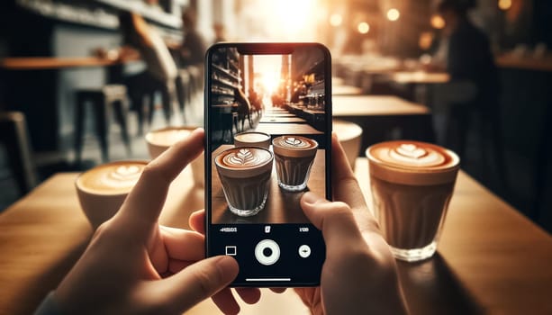 A cascade of sunlight floods the cafe, where a person uses their smartphone to photograph a wooden tray with three elegant lattes, the background a soft blur of cafe patrons.