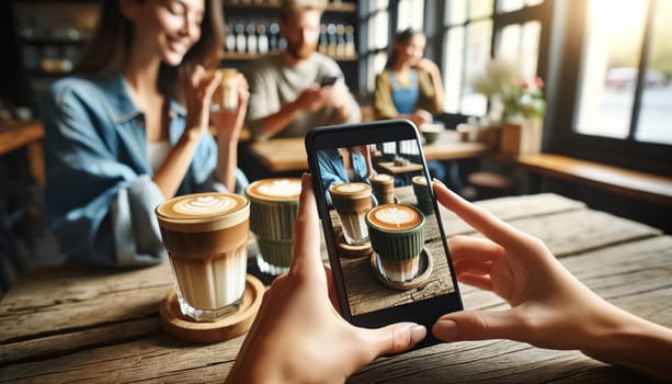 The scene is set in a brightly lit cafe, where a person captures the delicate art of lattes on their smartphone, across from a female friend whose light attire echoes the airy atmosphere of the morning.