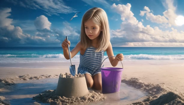 Young girl with wavy brown hair, dressed in a bright orange swimsuit, using a turquoise bucket and yellow spade to build a sandcastle.